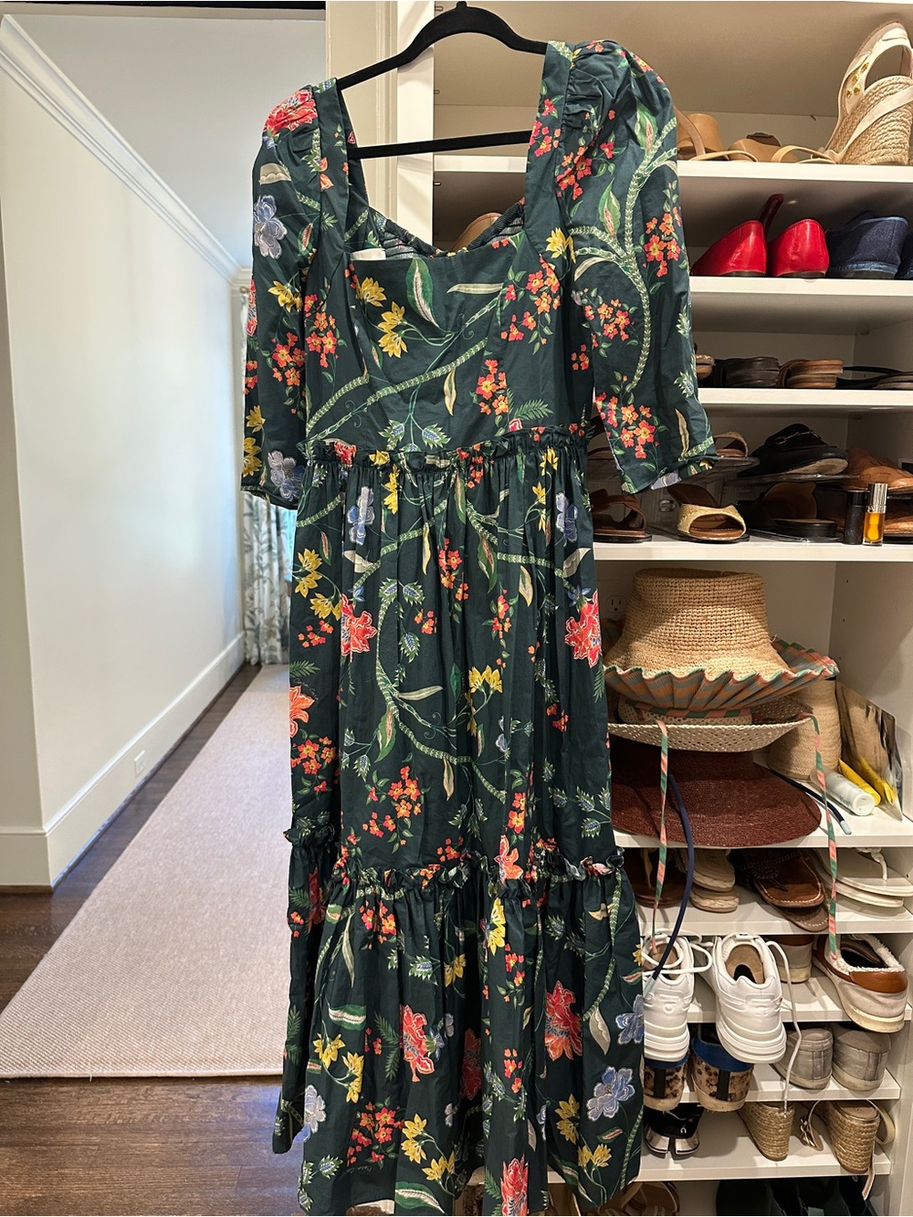 Cara Cara Blue Hill Dress: Dark Green Floral Maxi Dress with Puff Sleeves